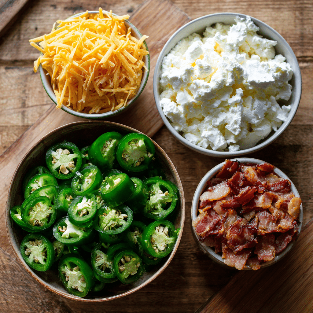 Air Fryer Jalapeño Poppers ingredients: fresh jalapeños, cheddar cheese, cream cheese, and turkey bacon