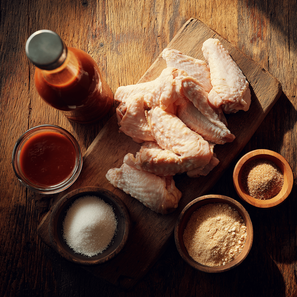 “Ingredients for Air Fryer BBQ Chicken Wings arranged on a rustic wooden cutting board, including wings, garlic powder, brown sugar, and BBQ sauce”