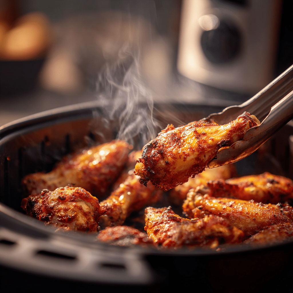 “Air Fryer BBQ Chicken Wings being flipped inside the air fryer during cooking, showing golden crispy texture”