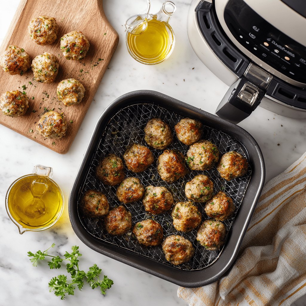 Air Fryer Frozen Meatballs ingredients — frozen meatballs and olive oil spray ready for cooking.”