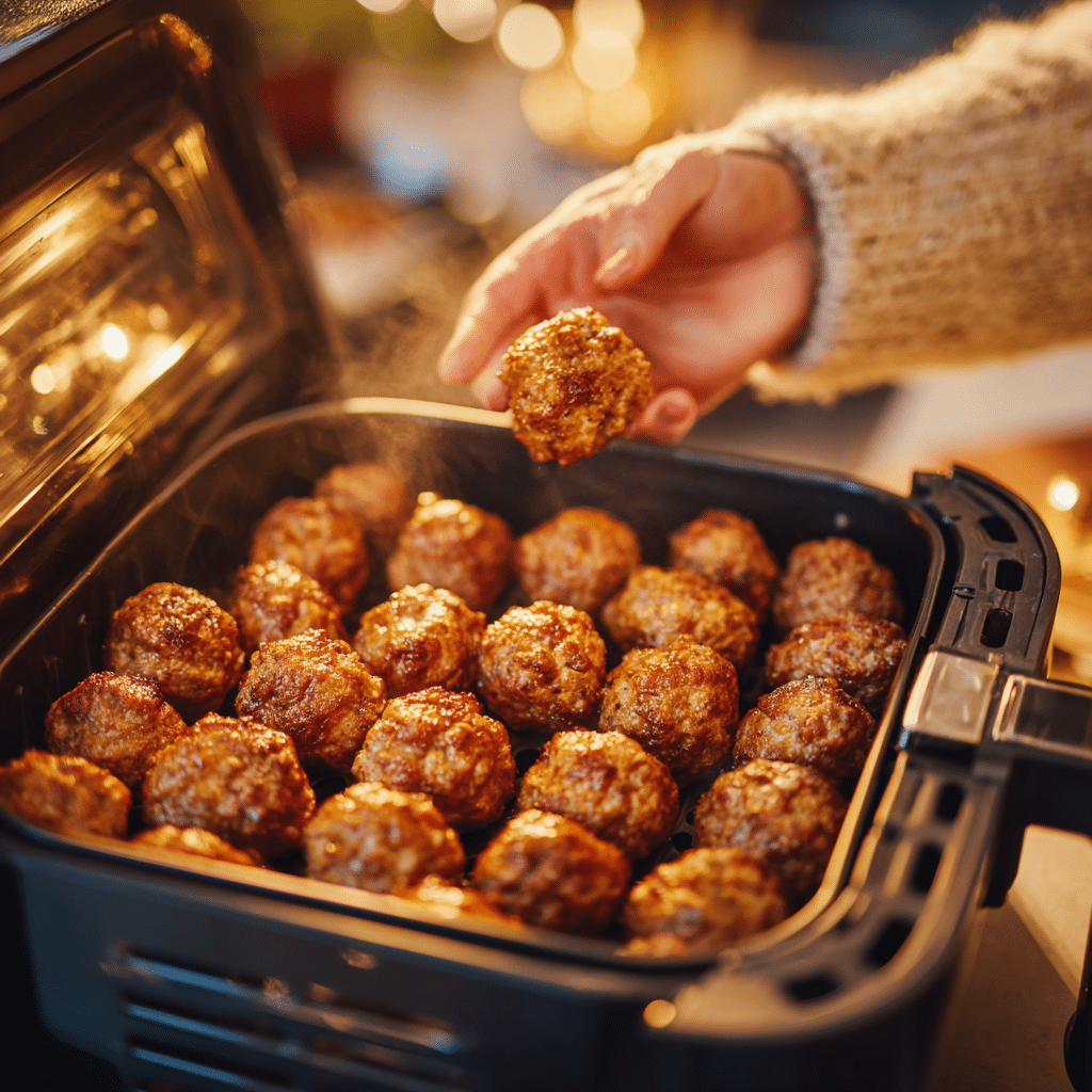 Shaking frozen meatballs in an air fryer basket as part of cooking process.