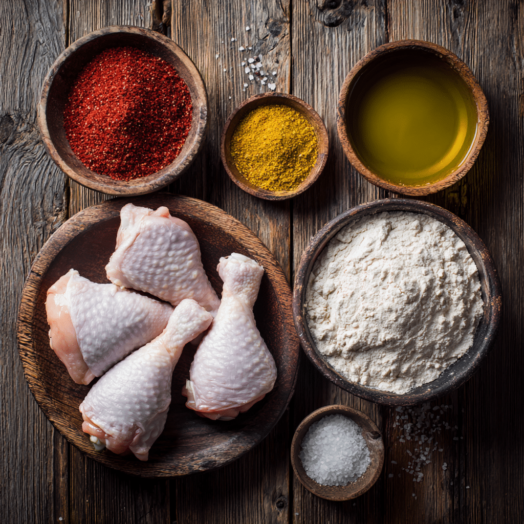 Air Fryer Chicken Drumsticks in 20 Minutes – Best Ever Crispy Recipe 6 “Air Fryer Chicken Drumsticks ingredients including flour, paprika, and drumsticks on a rustic table”