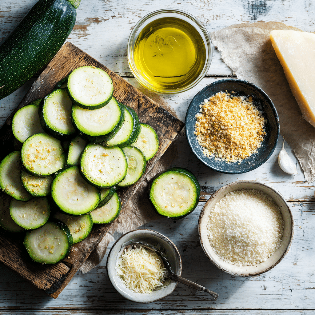 Air fryer zucchini chips ingredients: fresh zucchini slices, breadcrumbs, parmesan, garlic powder, egg, and olive oil spray.