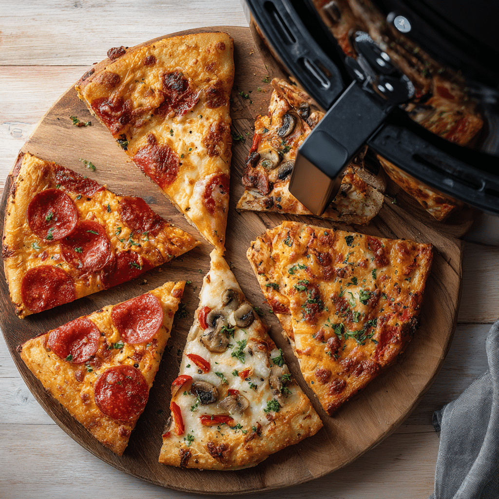 Ingredients for reheating pizza in an air fryer, featuring assorted pizza slices near an air fryer.