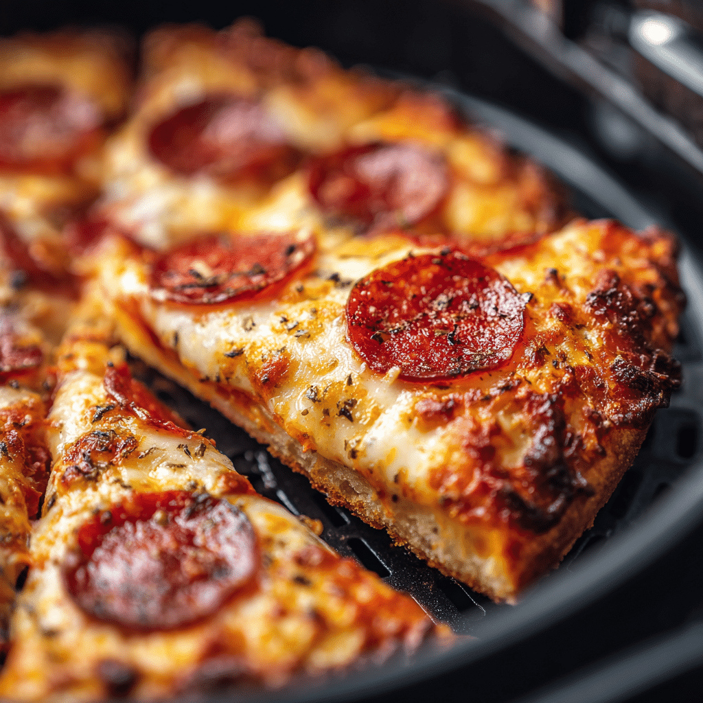 Pizza reheating in air fryer at 380°F with cheese bubbling and crust crisping.