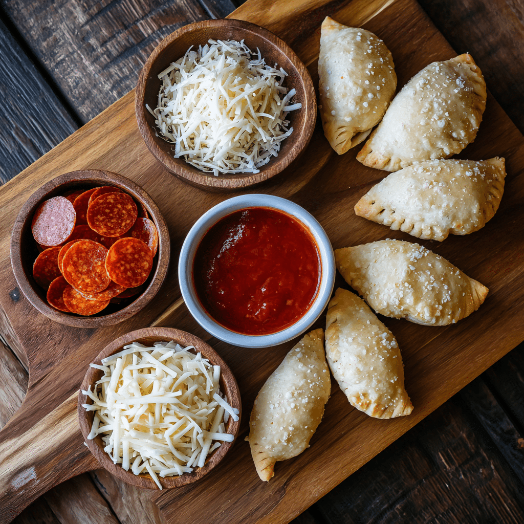 Air Fryer Pizza Crescent Rolls – 7-Minute Irresistible Snack Hack! 6 “Ingredients for Air Fryer Pizza Crescent Rolls laid out on a cutting board – crescent dough, mozzarella cheese, pizza sauce, and mini pepperoni.”