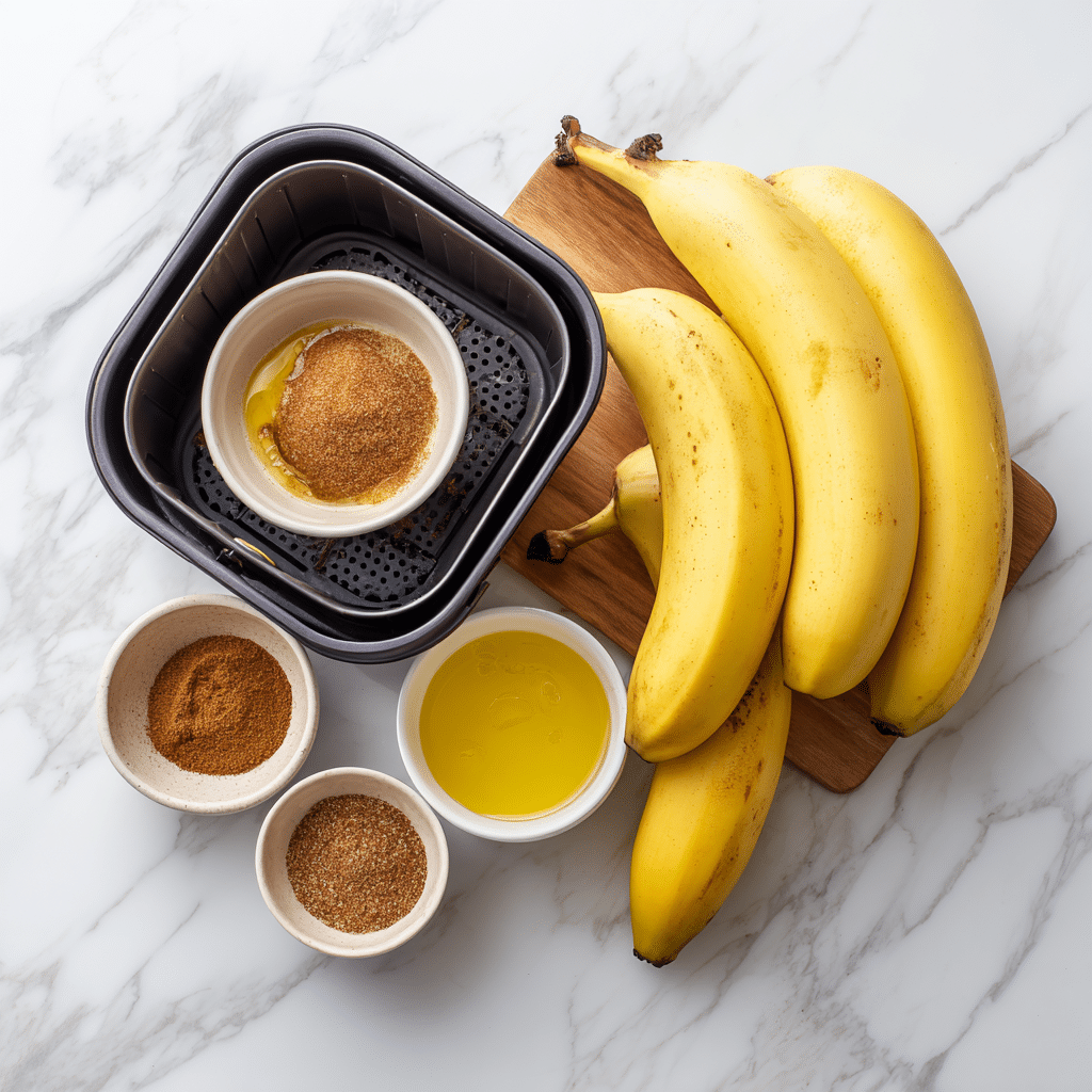 “Ingredients for air fryer bananas including ripe bananas, melted butter, cinnamon, and brown sugar displayed beside an air fryer basket”