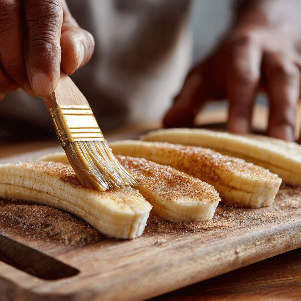 “Banana slices brushed with melted butter and topped with cinnamon sugar before air frying”