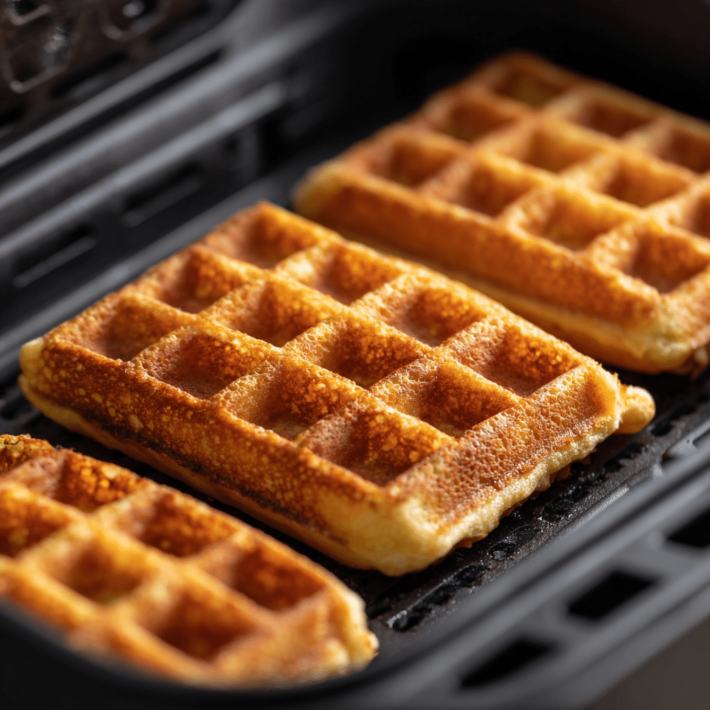“Frozen waffles cooking in air fryer basket”