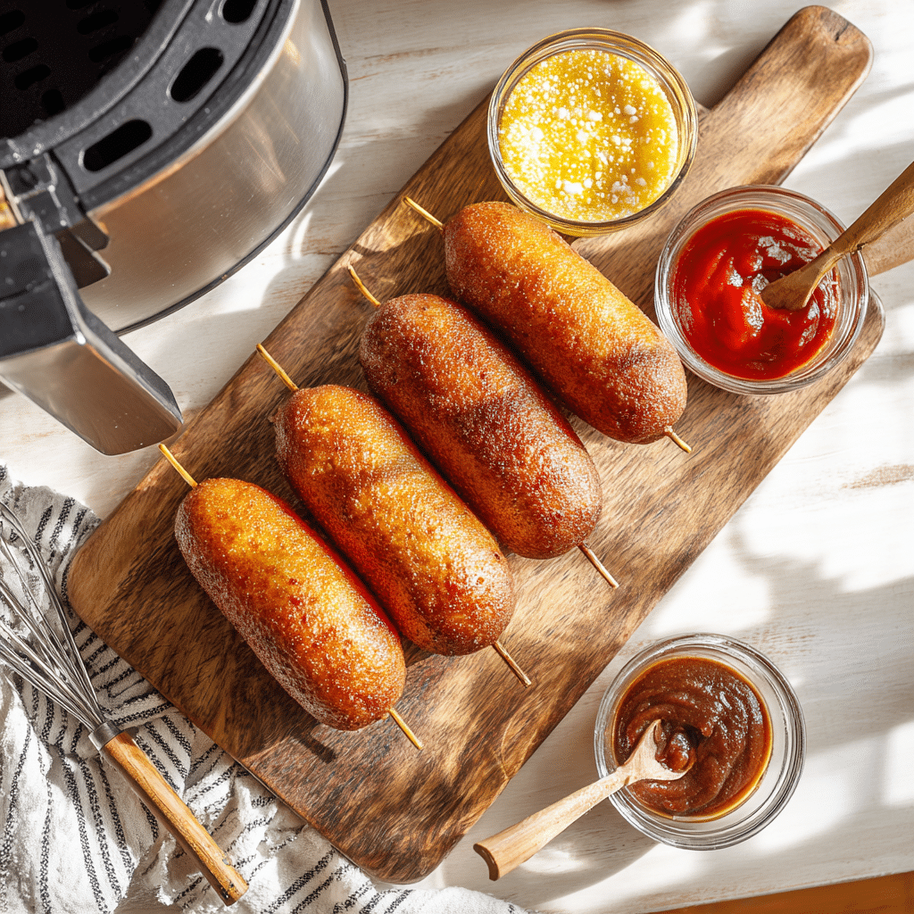 Frozen corn dogs on a wooden cutting board with dipping sauces, ready for the air fryer