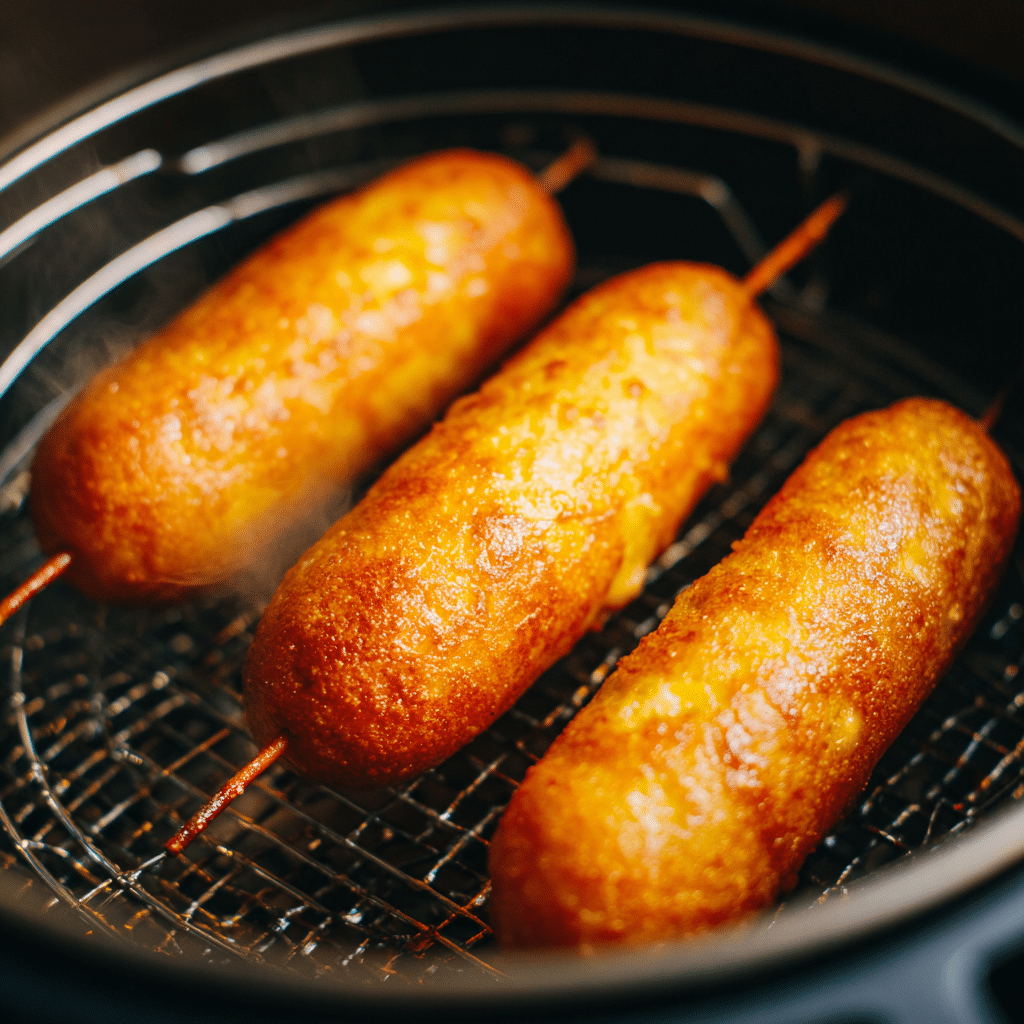 Corn dogs cooking in an air fryer basket until golden brown and crispy