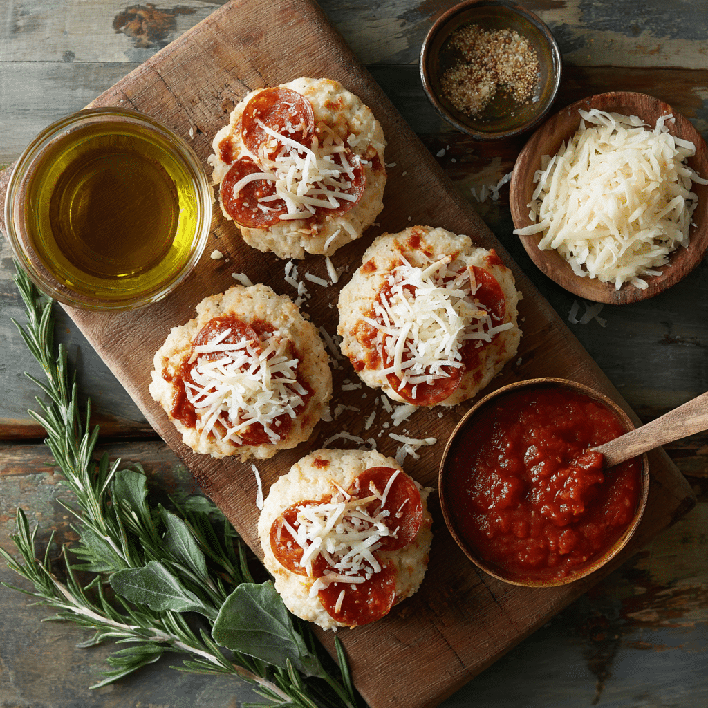 “Ingredients for Air Fryer Mini Pizzas—biscuit dough, marinara, mozzarella, turkey pepperoni”