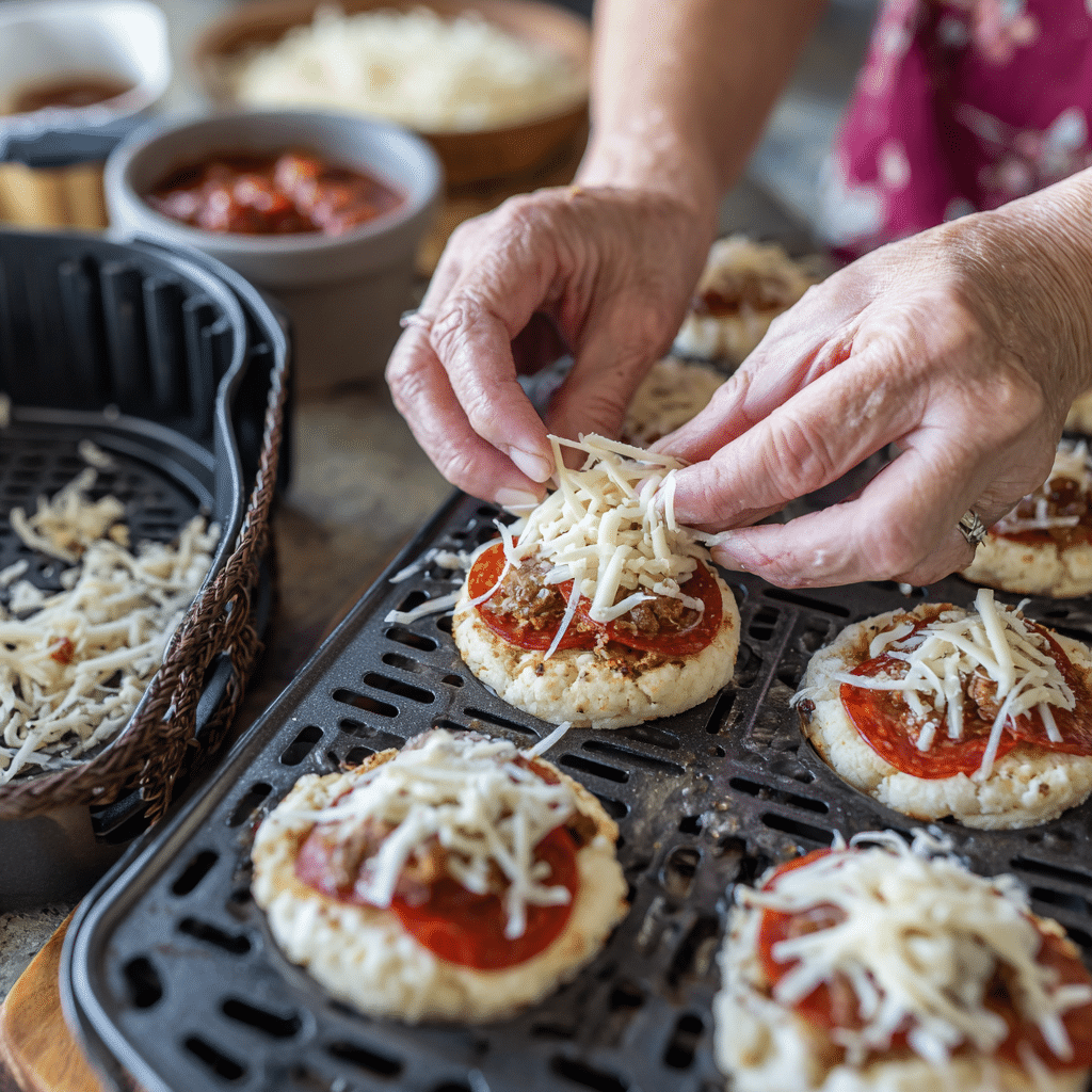 “Assembling Air Fryer Mini Pizzas before cooking”