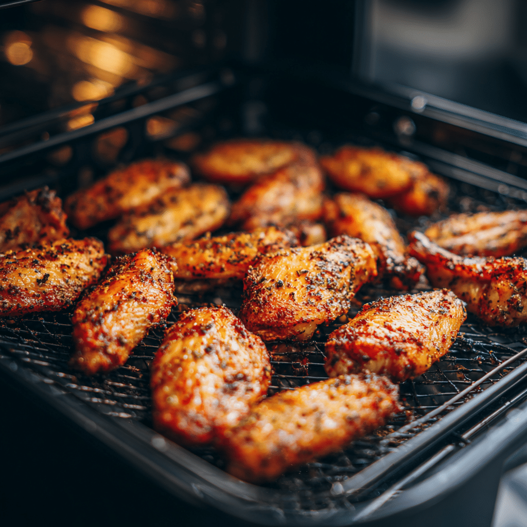 Reheating Wings in the Air Fryer: The Best 5-Minute Method 8 "Crispy chicken wings reheating evenly in an air fryer basket at 375°F