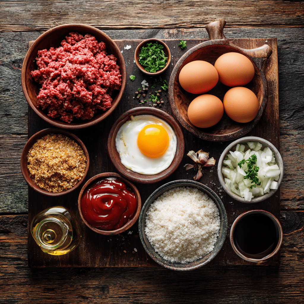 Ingredients for Air Fryer Meatloaf including ground beef, breadcrumbs, egg, onion, and glaze components.
