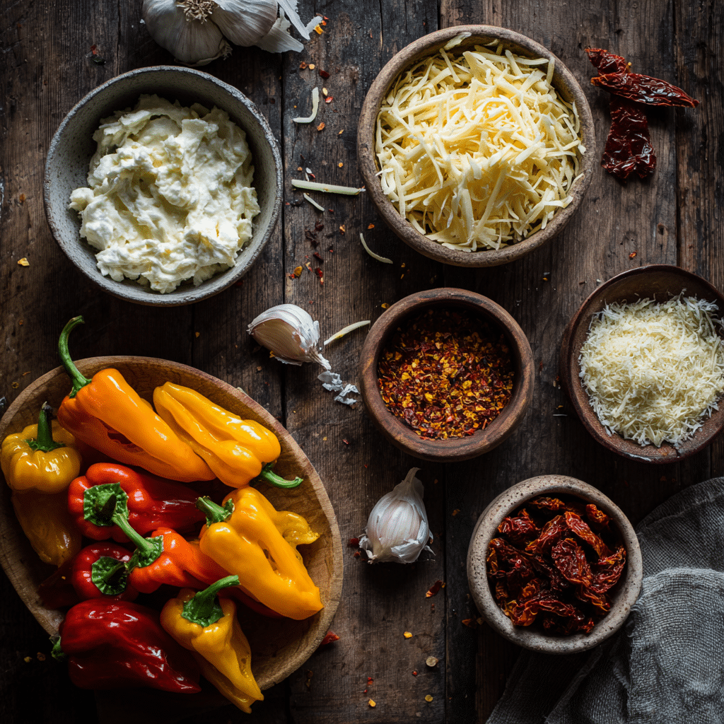 Ingredients for air fryer stuffed mini peppers arranged neatly on a wooden cutting board