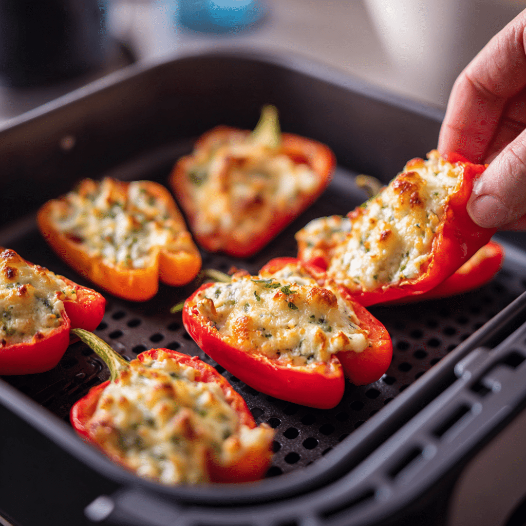Filling mini peppers and placing them in the air fryer basket