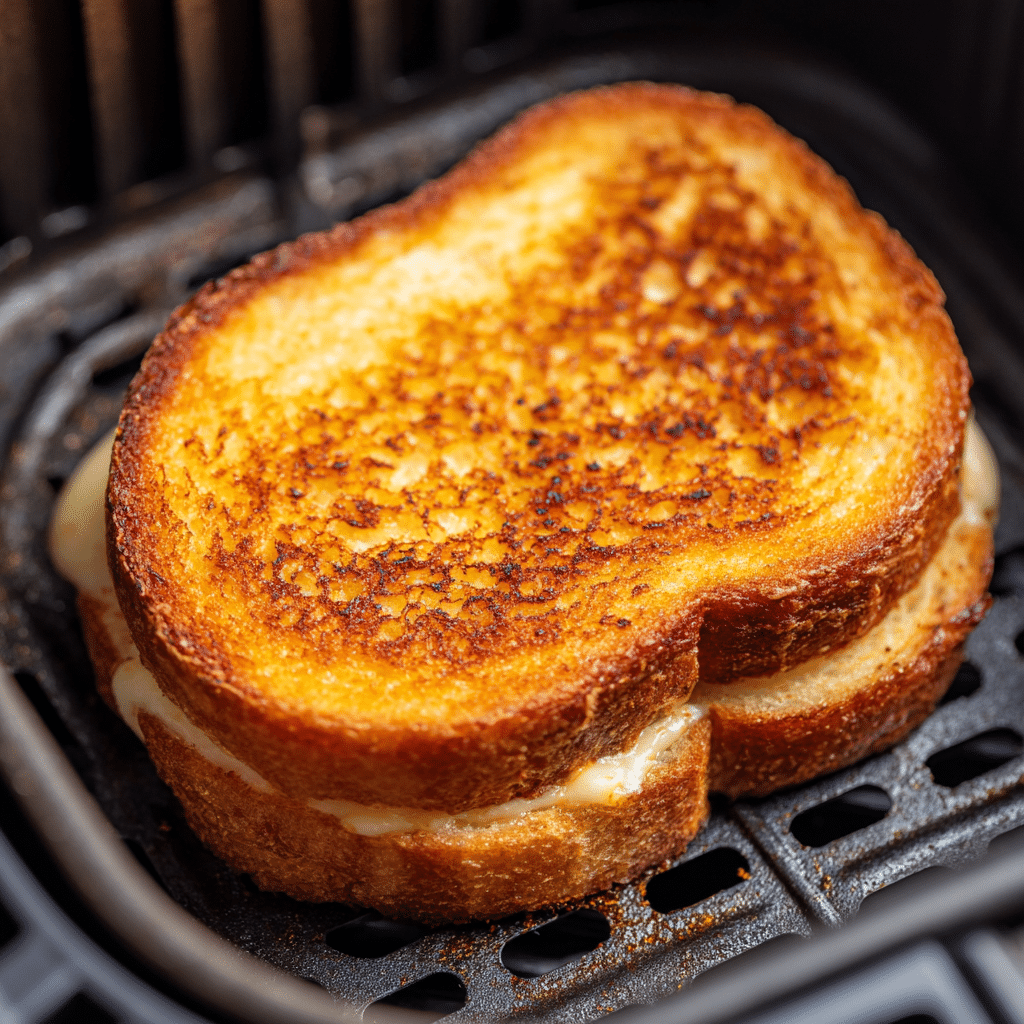 Grilled cheese sandwich cooking in an air fryer basket with a golden-brown crust forming.