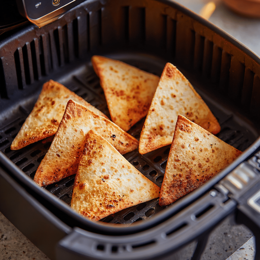 Air Fryer Tortilla Chips midway through cooking, golden and crisping in the air fryer basket