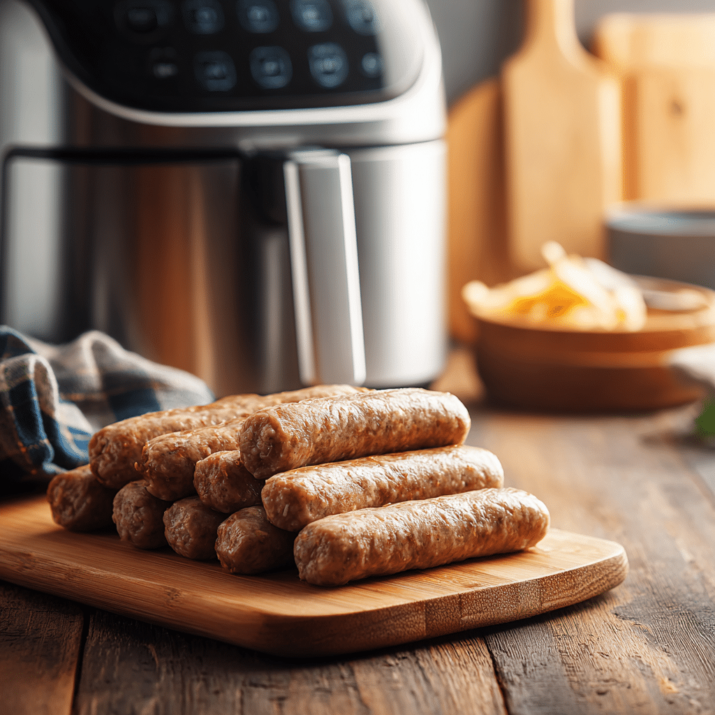 “Raw turkey sausage links ready for the air fryer on a wooden board with seasonings”