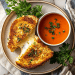 Golden air fryer grilled cheese sandwich with melty cheese, served with tomato soup on a ceramic plate.