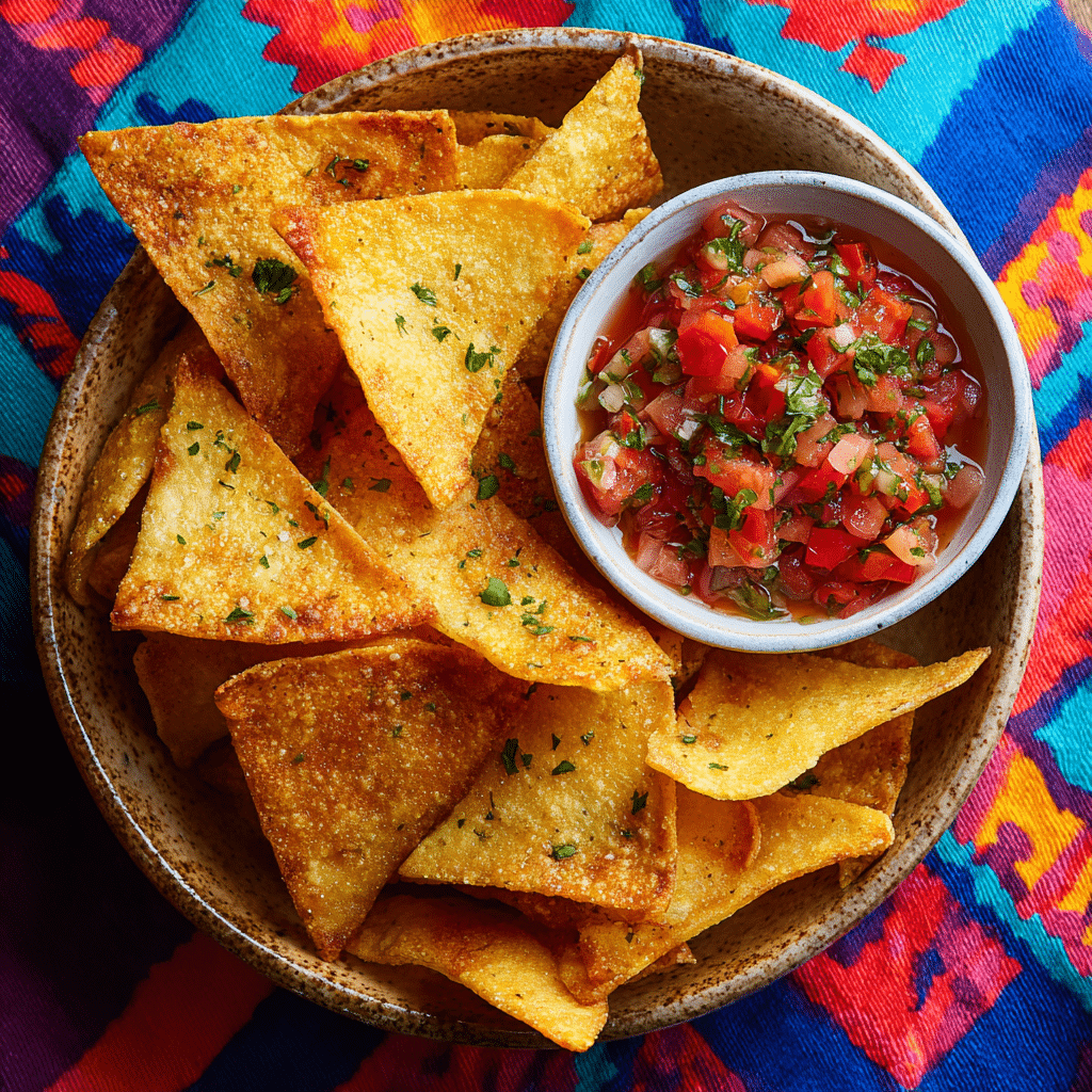 Crispy Air Fryer Tortilla Chips served in a bowl with salsa and guacamole, styled for a fresh and colorful snack presentation