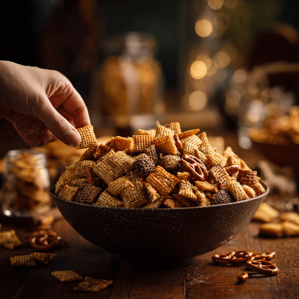 Bowl of crispy Air Fryer Chex Mix served for snacking
