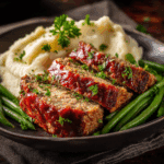 Final plated Air Fryer Meatloaf served with mashed potatoes and green beans.