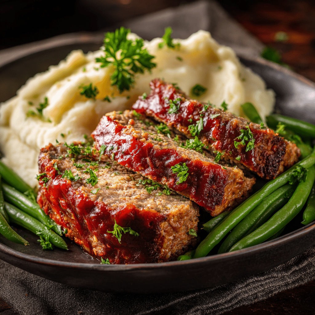 Final plated Air Fryer Meatloaf served with mashed potatoes and green beans.
