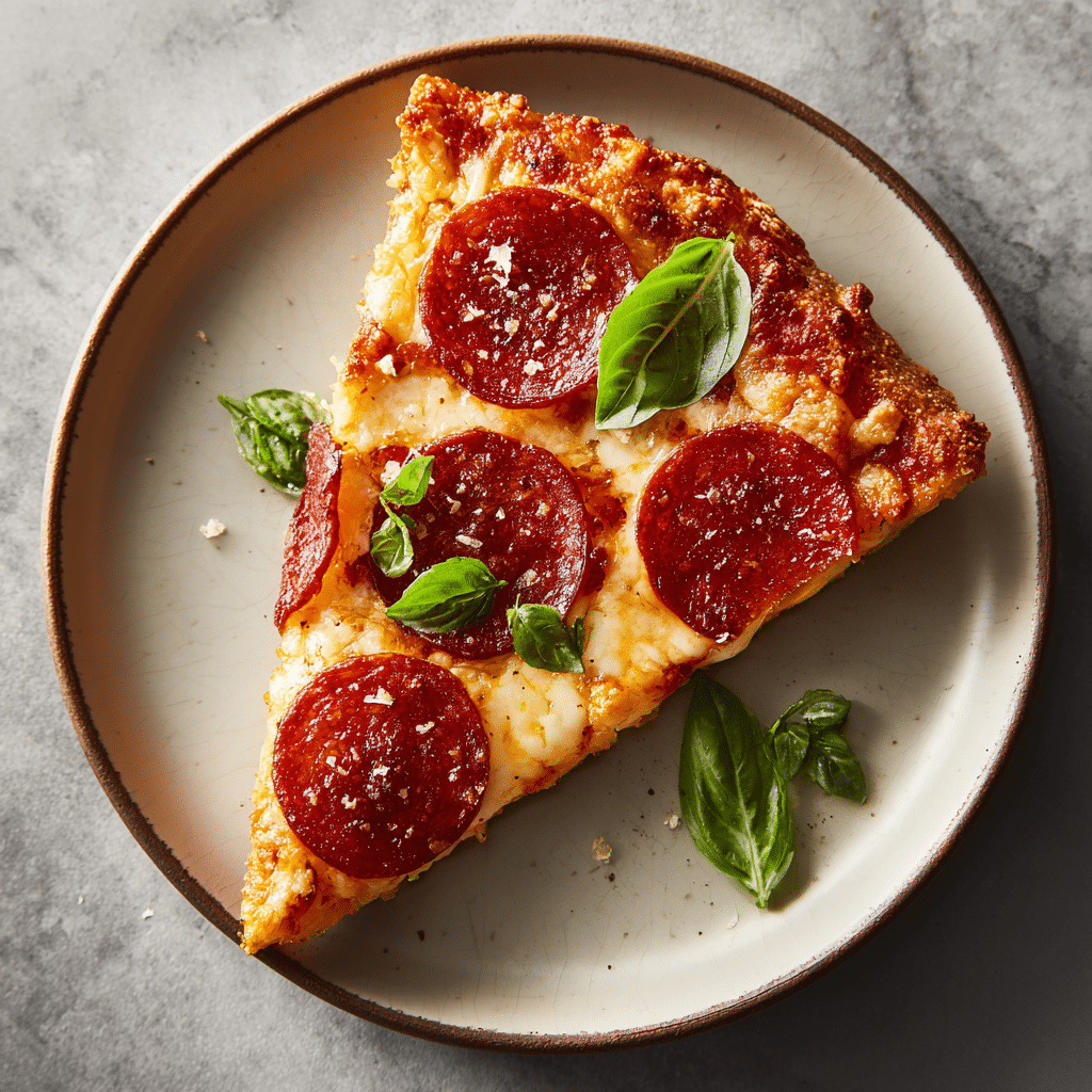 Perfectly reheated slice of pizza from air fryer with golden crust and melted cheese.