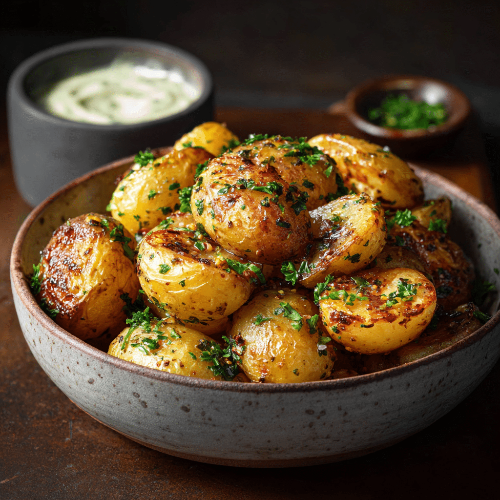 Plated air fryer garlic potatoes with parsley and garlic dip