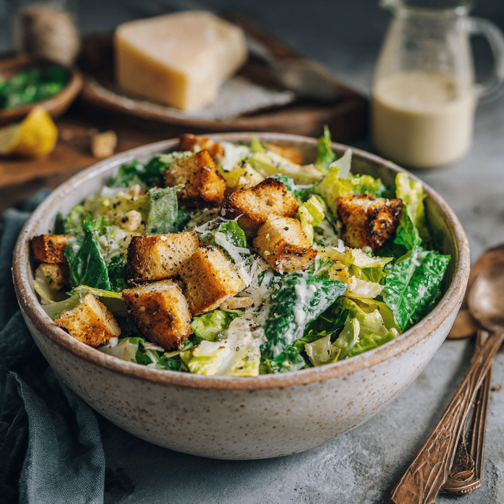 “Caesar salad topped with golden brown crispy Air Fryer Croutons on a rustic table”