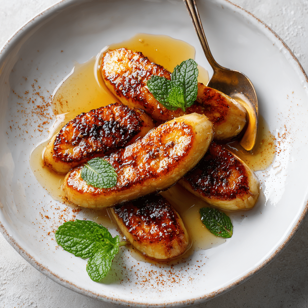 Golden air fryer bananas served warm with honey drizzle and cinnamon on a dessert plate”
