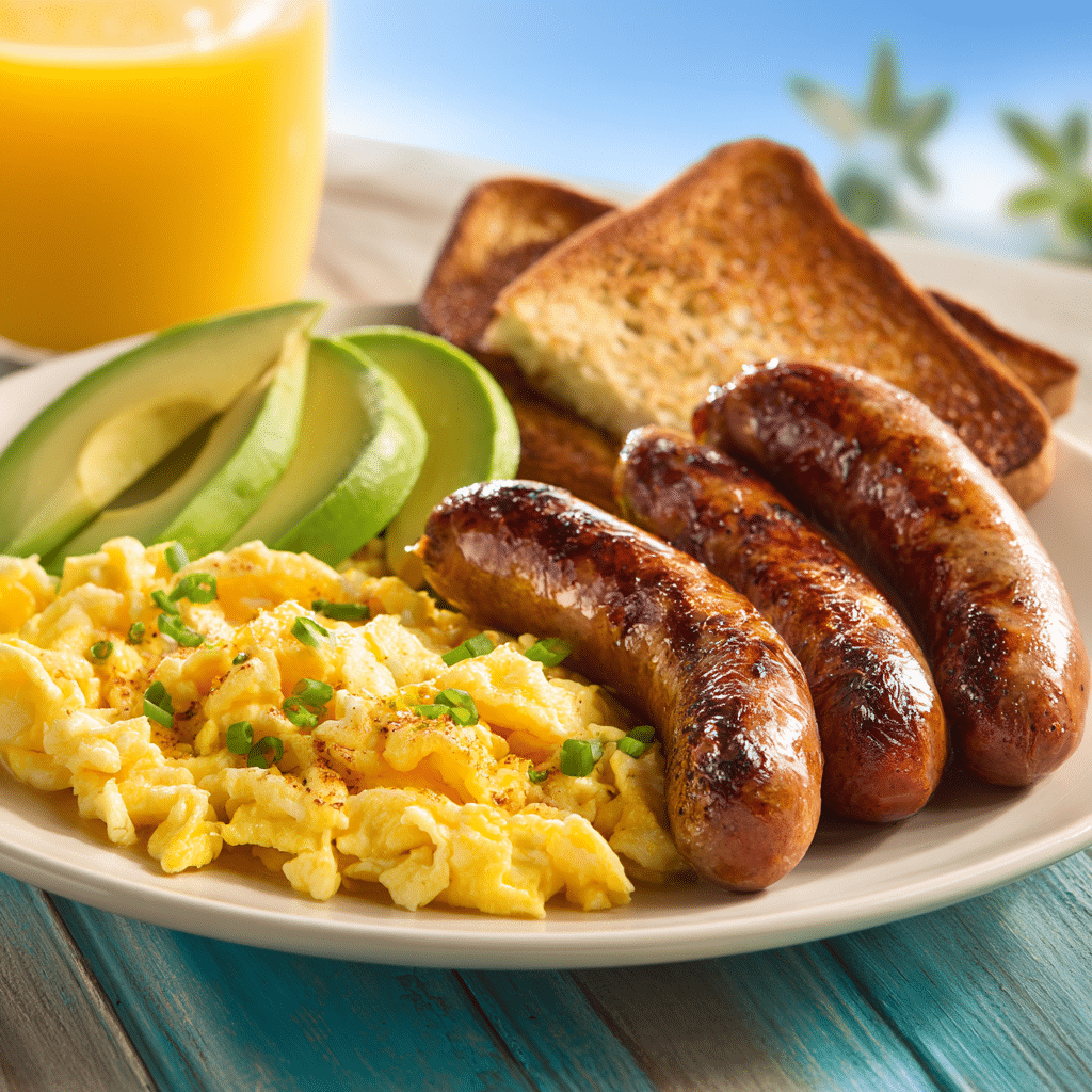 Crispy air fryer turkey sausage links served with eggs and toast”