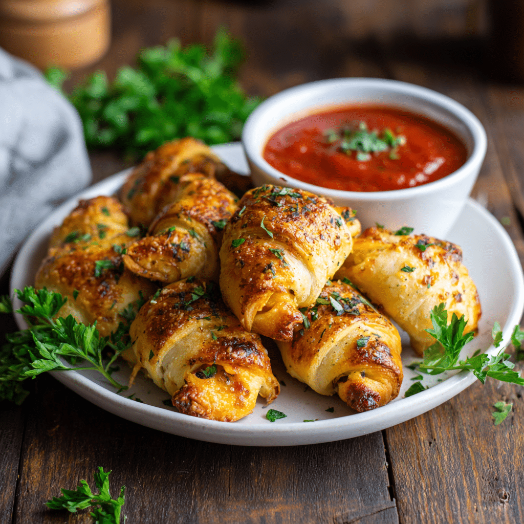 “Golden brown Air Fryer Pizza Crescent Rolls served on a plate with marinara dipping sauce and parsley garnish.”