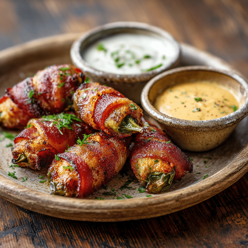 Plated Air Fryer Jalapeño Poppers with turkey bacon and dipping sauces