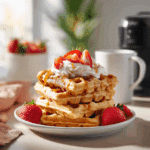 “Crispy Frozen Waffles in Air Fryer served with whipped cream and berries”