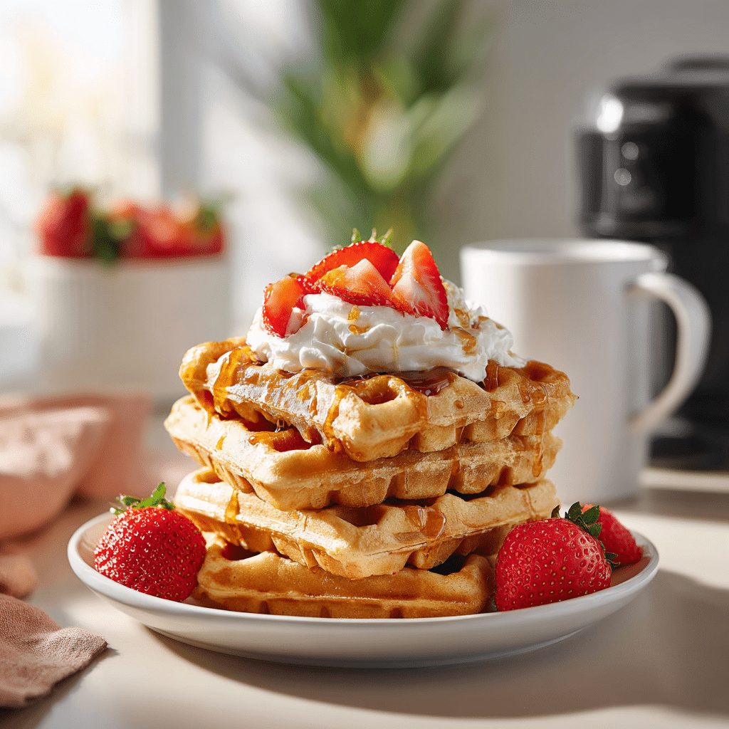 “Crispy Frozen Waffles in Air Fryer served with whipped cream and berries”