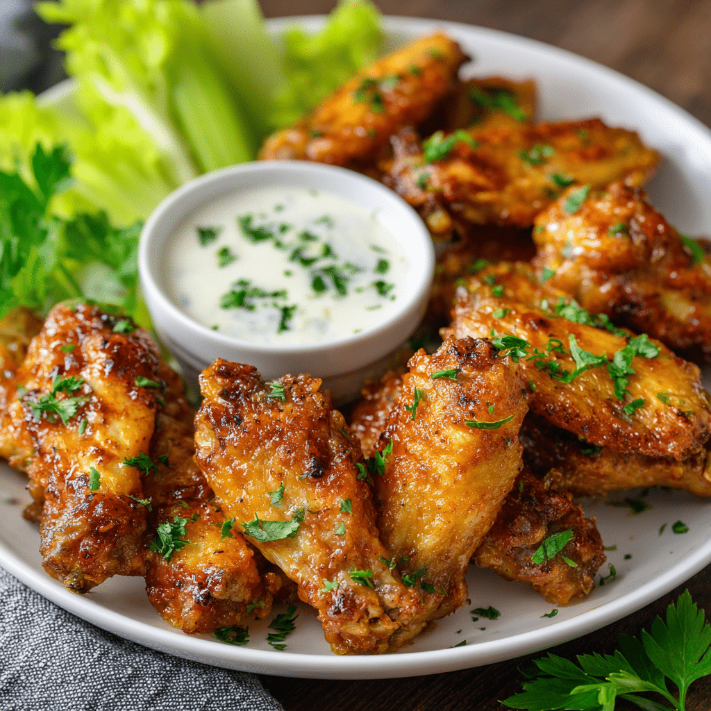 Perfectly reheated crispy chicken wings served with ranch and fresh garnishes.