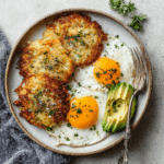 Crispy air fryer hash browns served with eggs and avocado for breakfas