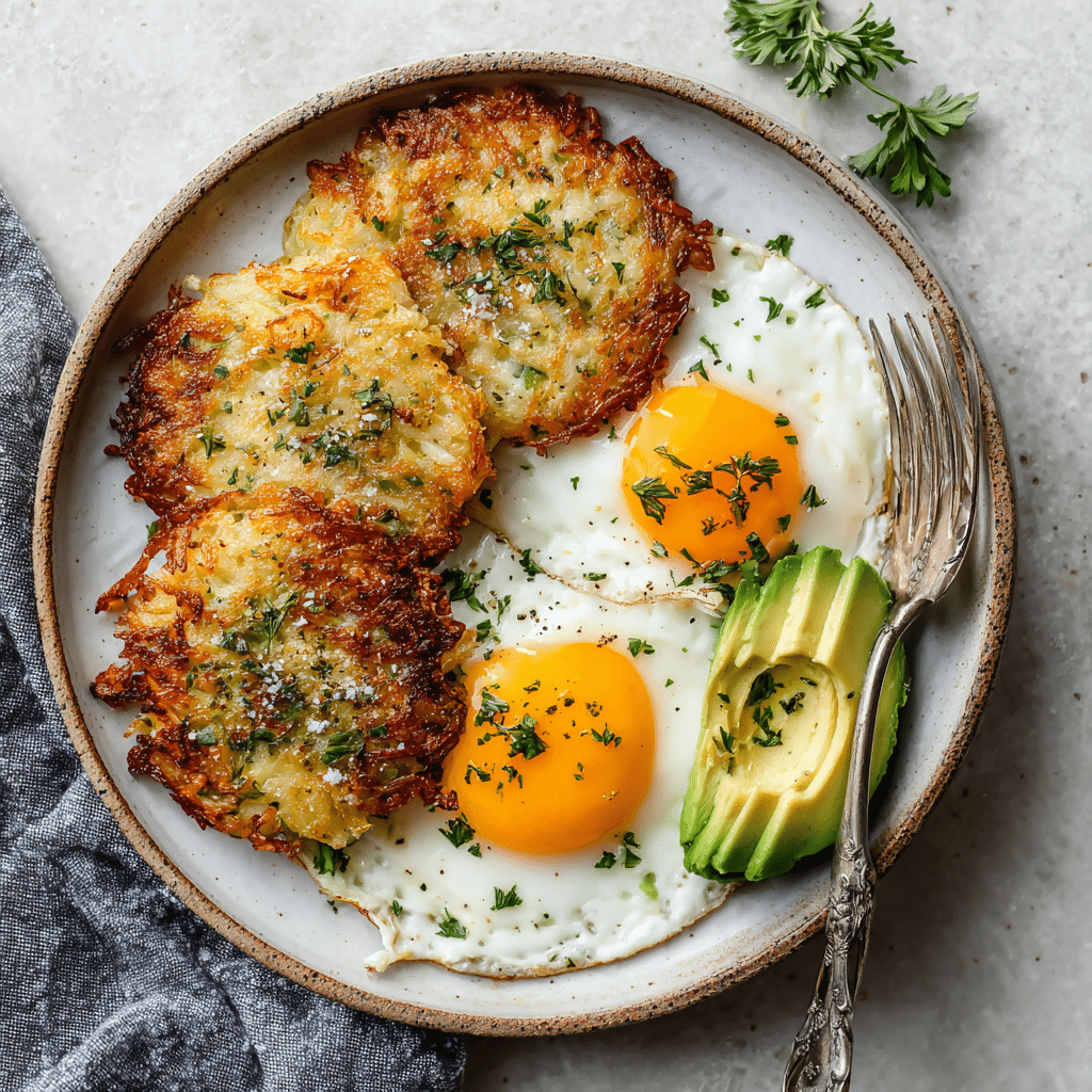 Crispy air fryer hash browns served with eggs and avocado for breakfas