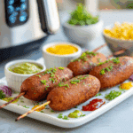 Crispy air fryer corn dogs served on a white plate with dipping sauces and a modern air fryer in the background
