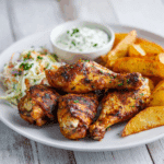 Golden air fryer chicken drumsticks served with ranch dip and coleslaw on a white plate