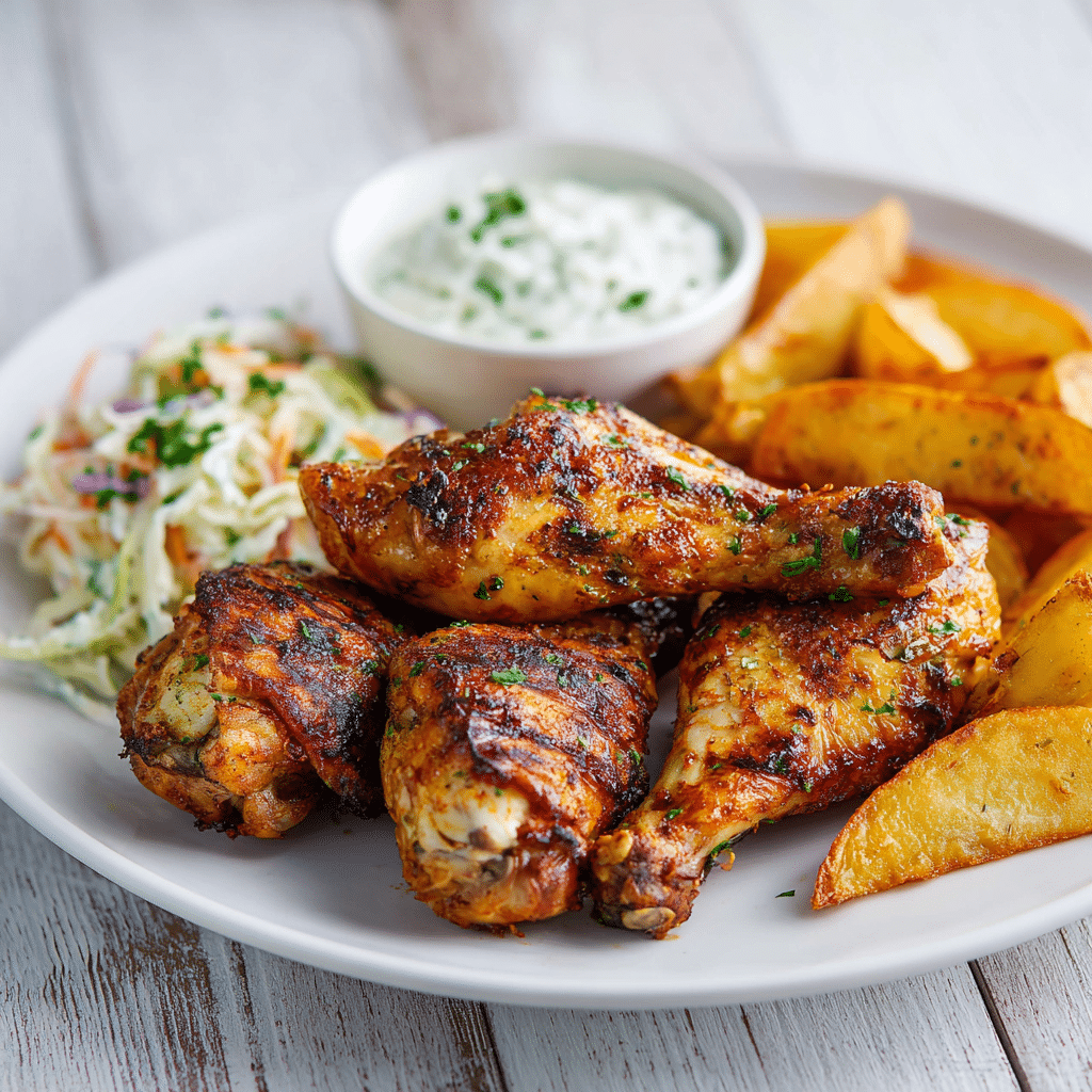 Golden air fryer chicken drumsticks served with ranch dip and coleslaw on a white plate