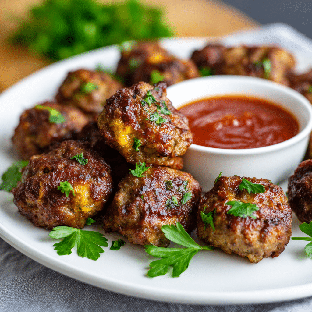 Juicy air fryer frozen meatballs served with marinara sauce on a stylish plate”.