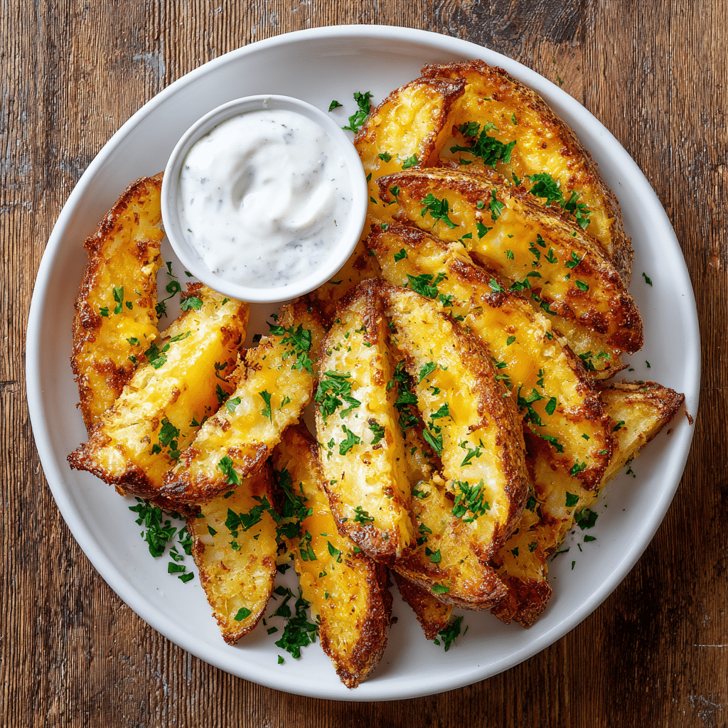 "Crispy air fryer cheesy potatoes served on a white plate with melted cheese and ranch dip."