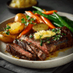 “Juicy air fryer steak cooked from frozen, sliced and served with garlic butter and roasted vegetables.”