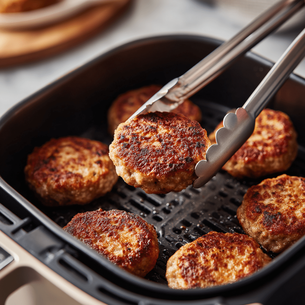 Turkey sausage patties mid-cook in an air fryer basket, one being flipped for even crisping