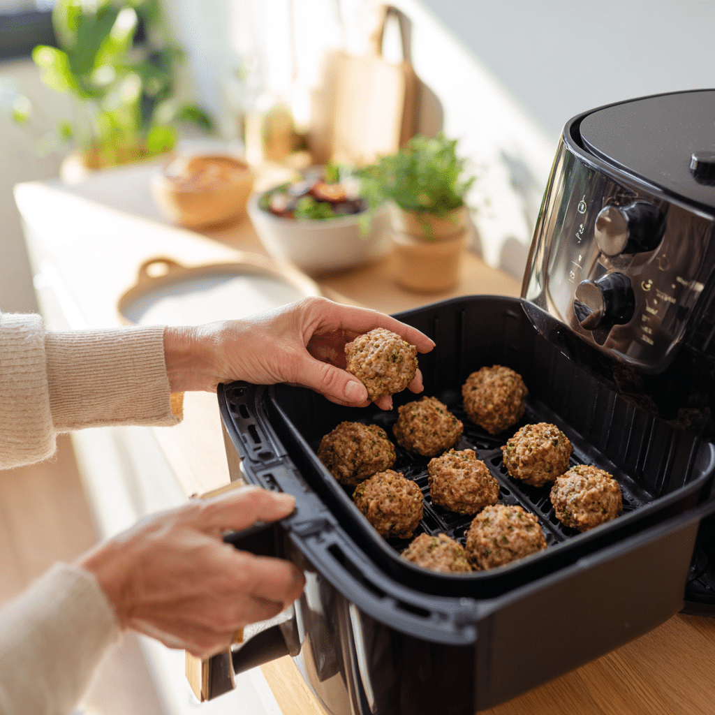 Air Fryer Meatballs: 7-Minute Irresistible Recipe 7 “Hands placing turkey meatballs into an air fryer basket for cooking”