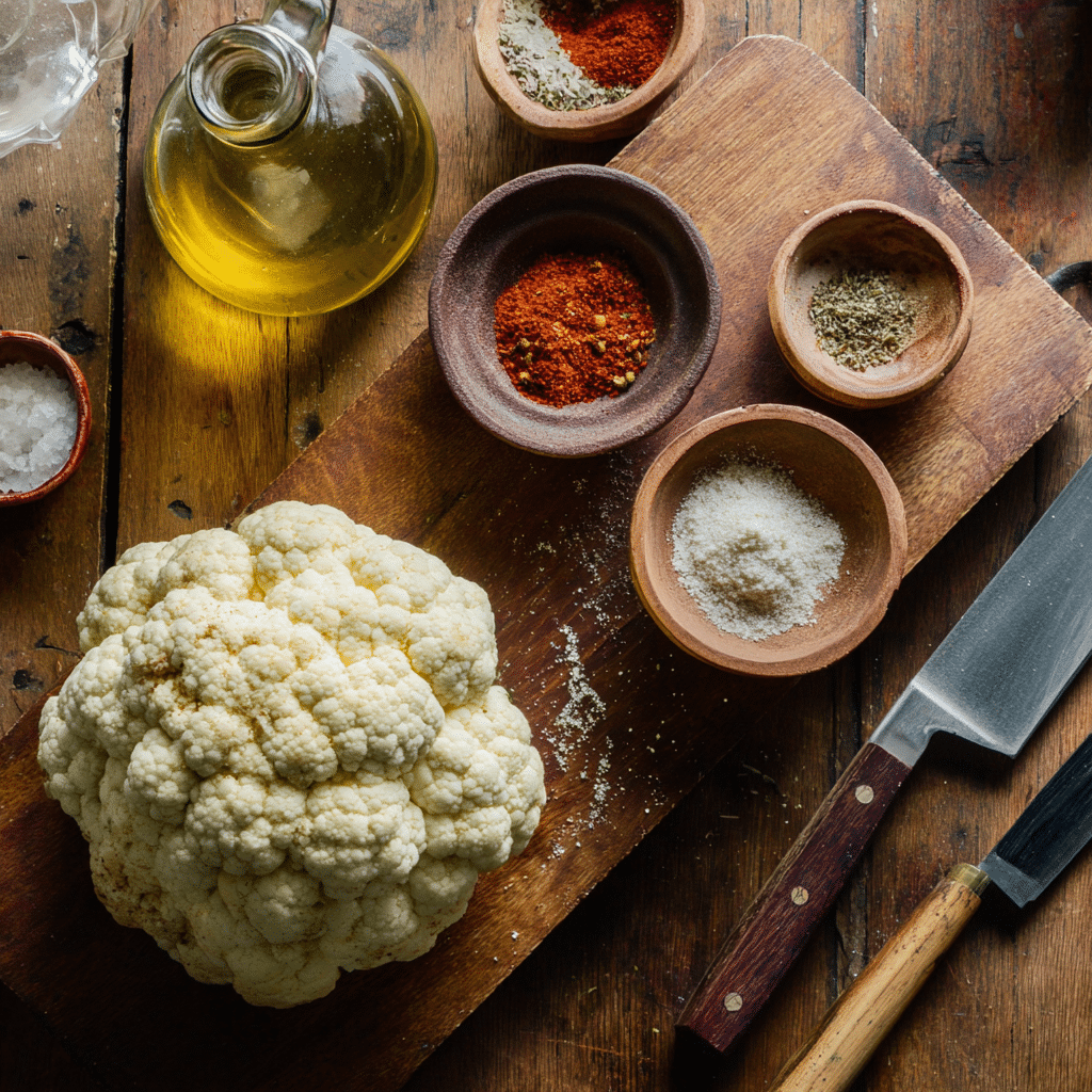 “Air Fryer Cauliflower Steaks ingredients: cauliflower, olive oil, smoked paprika, garlic powder, salt, and black pepper on a cutting board.”